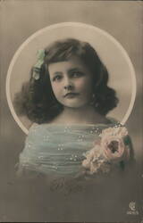 Girl with Green Bow and Pink Rose, Bonne Fête Greeting Postcard