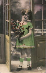 Girl in Green Dress with Butterfly Appliqué, Holding Flowers Postcard