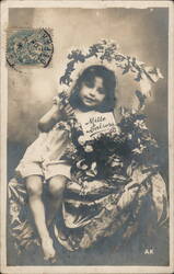 Little Girl with "Mille Baisers" Sign and Flowers Postcard