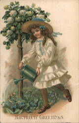 Little Girl Watering Flowers, Birthday Greetings Postcard