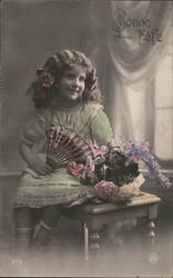 Little Girl with Fan and Flowers, Bonne Fete Greeting Postcard