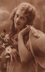 Young Woman with Flowers and Straw Hat Postcard