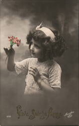 Young Girl Admires Red Flowers, Vive Sainte Anne Postcard