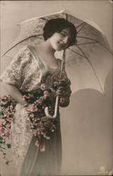 Smiling Woman with Parasol and Flowers Umbrellas & Parasols Postcard Postcard Postcard