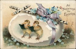 Two Chicks Singing in Eggshell with Birch Cross, Easter Greetings Postcard