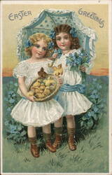 Easter Greetings - Two Girls in White Holding Flowers and Chicks With Children Postcard Postcard Postcard