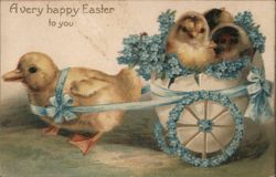 Duckling Pulling Chicks in Eggshell Cart, Easter Greeting Postcard