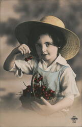 Girl with Basket of Cherries, Straw Hat Postcard