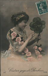 Young Woman with Four-Leaf Clover, French Postcard Postcard