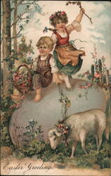 Children on Giant Easter Egg with Lamb With Children Postcard Postcard Postcard