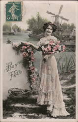 Woman with Roses and Bonne Fête Greeting, Dutch Windmill Scene Women Postcard Postcard Postcard