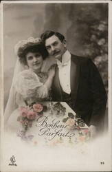 French Wedding Couple, Bonheur Parfait, c. 1910s Postcard