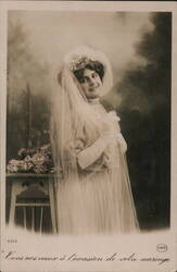 Bride in Veil and Gloves, French Wedding Postcard Postcard