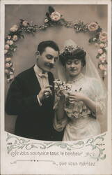 French Wedding Couple with Floral Wreath, 1916 Postcard