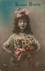 Girl with Pink Bow and Flowers, Bonne Année Greeting Children Postcard Postcard Postcard