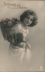 Girl with Easter Flowers in Basket Postcard