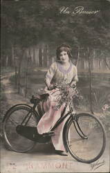 Woman with Bicycle and Flowers, French Postcard Postcard