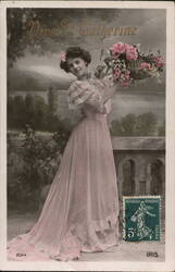 Young Woman in Pink Dress with Basket of Flowers Women Postcard Postcard Postcard