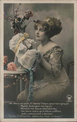 Young Woman with Hat, Roses, and Prayer to Saint Catherine Women Postcard Postcard Postcard