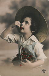 Young Girl Enjoying Fresh Cherries Postcard