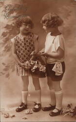 Two Children Exchanging a Basket of Flowers Postcard