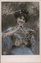 Smiling Young Woman in Blue Dress with Flowers Women Postcard Postcard Postcard