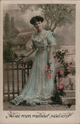 Woman in Blue Gown with Flowers, French Postcard Women Postcard Postcard