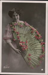 Bonne Année: Woman with Decorated Fan, New Year's Greeting Large Letter Dates Postcard Postcard Postcard