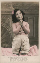 Young Girl in Pink Praying, French Religious Postcard Postcard