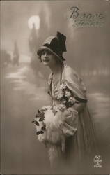 Bonne Année: Young Woman in Stylish Hat with Fur Muff Postcard