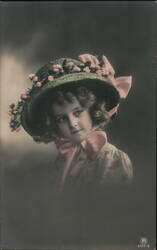 Young Girl with Floral Hat and Pink Bow Girls Postcard Postcard Postcard