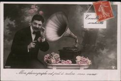 Man with Phonograph, French Postcard Phonographs Postcard Postcard