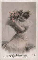 Gage de Tendresse: Woman in Peach Dress with Flowers Women Postcard Postcard Postcard