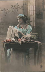 Young Woman Sewing Lace at Table with Flowers and Photo Postcard Postcard Postcard