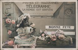 Little Girl with Bonne Fete Telegram and Flowers Postcard