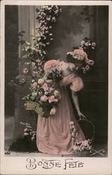 Young Woman in Pink Dress with Baskets of Flowers - Bonne Fête Women Postcard Postcard Postcard