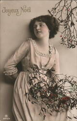 Young Woman with Mistletoe, Joyeux Noël Christmas Postcard Postcard Postcard