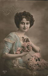 Woman with Roses, French Bonne Fête Greeting Women Postcard Postcard Postcard