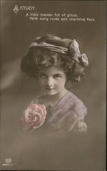 Charming Girl with Curly Hair and Pink Rose Girls Postcard Postcard Postcard