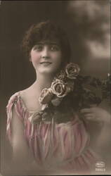 Beautiful Woman with Roses, Portrait Postcard Women Postcard Postcard