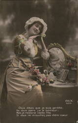 French Woman with Flowers at Vanity Table Postcard