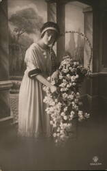 Woman in Grecian Dress with Basket of Flowers Women Postcard Postcard Postcard