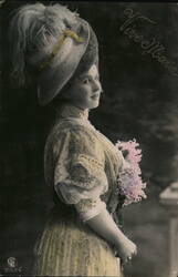 Woman in Feathered Hat with Corsage Hats Postcard Postcard Postcard