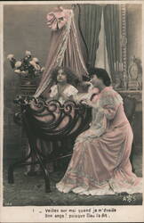 Mother and Child in Pink by Cradle, French Postcard Postcard