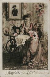 Young Woman Sewing with Antique Treadle Machine, Flowers, Portrait Postcard Postcard Postcard