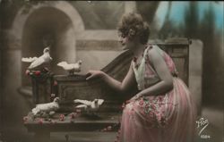 Woman with Doves in Pink Dress Birds Postcard Postcard Postcard