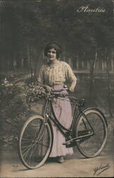 Young Woman with Bicycle and Flowers, French Postcard Bicycles Postcard Postcard