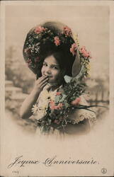 Girl with Flowers and Hat, Joyeux Anniversaire Postcard