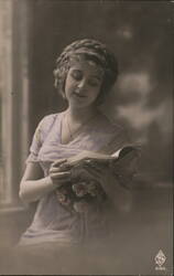 Young Woman Reading with Flowers, Belgium Postcard Postcard