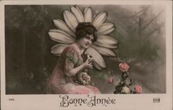 Bonne Année: Woman with Giant Daisy, New Year's Greeting Postcard